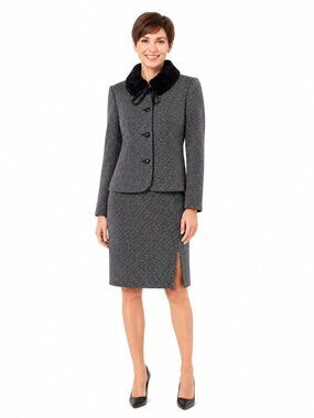 Vintage Louben Black Grey Wool Detachable Collar Skirt Suit